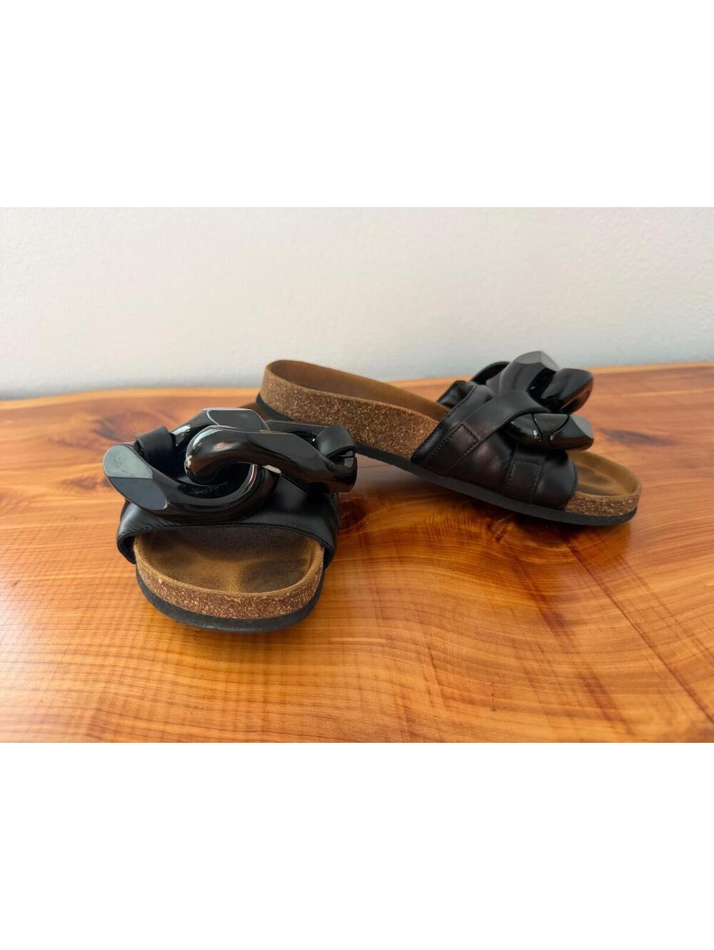 JW Anderson Black Leather Chunky Plastic Chain Slide Sandals Size 37 (6-6.5)